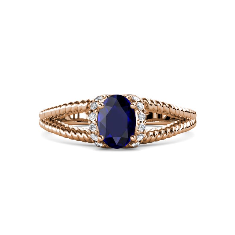 Ana Desire Oval Cut Blue Sapphire and Round Diamond Twist Rope Split Shank Engagement Ring 