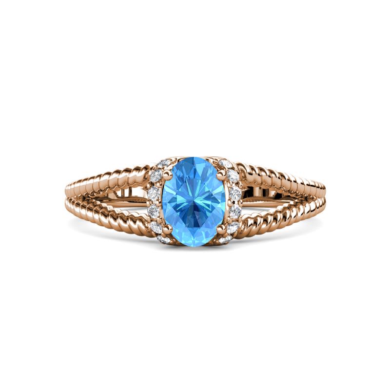 Ana Desire Oval Cut Blue Topaz and Round Diamond Twist Rope Split Shank Engagement Ring 