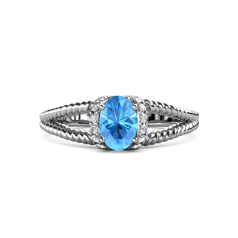 Ana Desire Oval Cut Blue Topaz and Round Diamond Twist Rope Split Shank Engagement Ring 