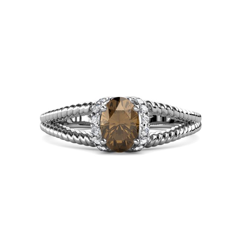 Ana Desire Oval Cut Smoky Quartz and Round Diamond Twist Rope Split Shank Engagement Ring 