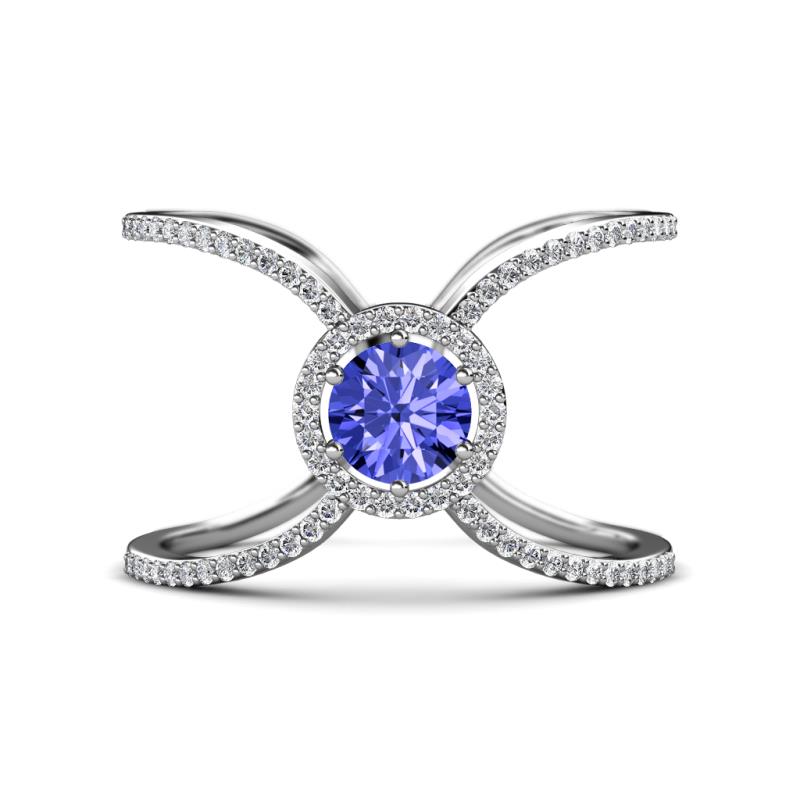 Carole Rainbow Round Tanzanite and Diamond Criss Cross X Halo Engagement Ring 