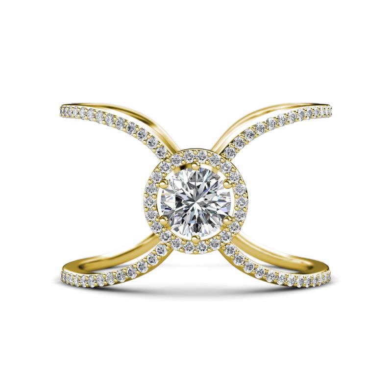 Carole Rainbow 2.65 ctw IGI Certified Lab Grown Diamond Round (6.00 mm) & Natural Diamond Round (1.80 mm) Criss Cross X Halo Engagement Ring 