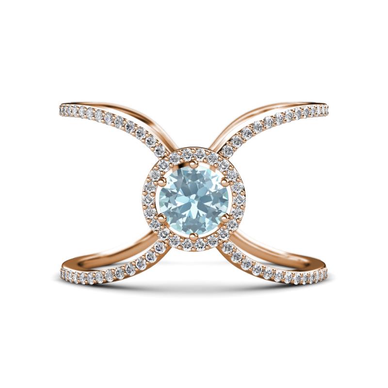 Carole Rainbow Round Aquamarine and Diamond Criss Cross X Halo Engagement Ring 