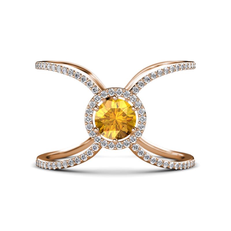 Carole Rainbow Round Citrine and Diamond Criss Cross X Halo Engagement Ring 