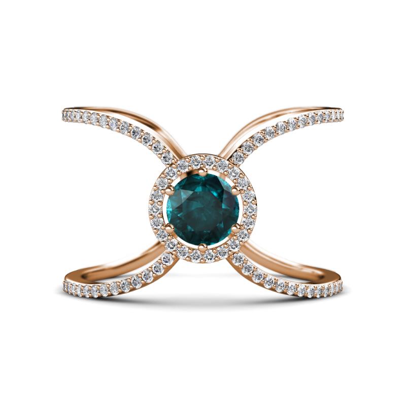 Carole Rainbow Round London Blue Topaz and Diamond Criss Cross X Halo Engagement Ring 