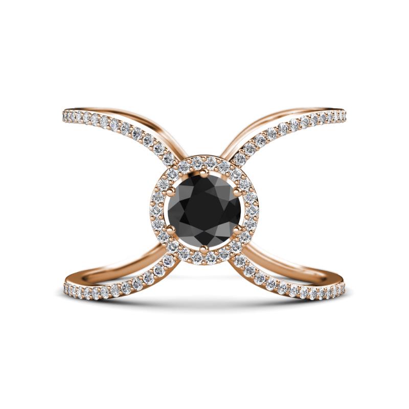 Carole Rainbow Round Black and White Diamond Criss Cross X Halo Engagement Ring 