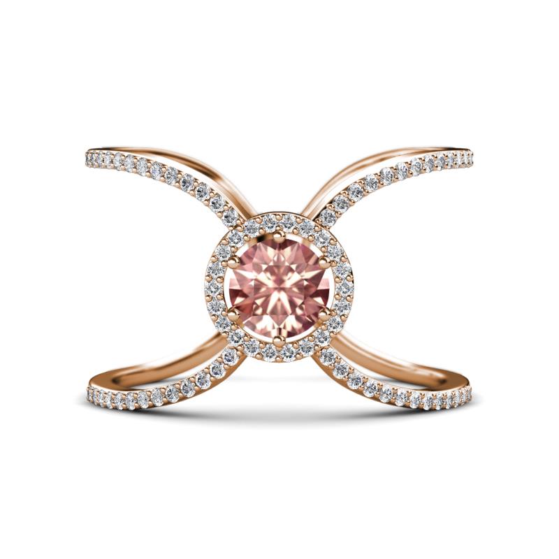 Carole Rainbow Round Morganite and Diamond Criss Cross X Halo Engagement Ring 