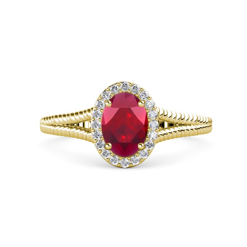 Deborah Desire Oval Cut Ruby and Round Diamond Twist Rope Split Shank Halo Engagement Ring 