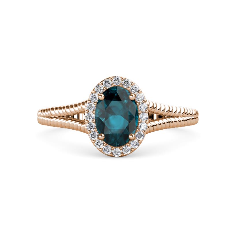 Deborah Desire Oval Cut London Blue Topaz and Round Diamond Twist Rope Split Shank Halo Engagement Ring 