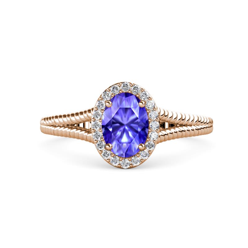 Deborah Desire Oval Cut Tanzanite and Round Diamond Twist Rope Split Shank Halo Engagement Ring 