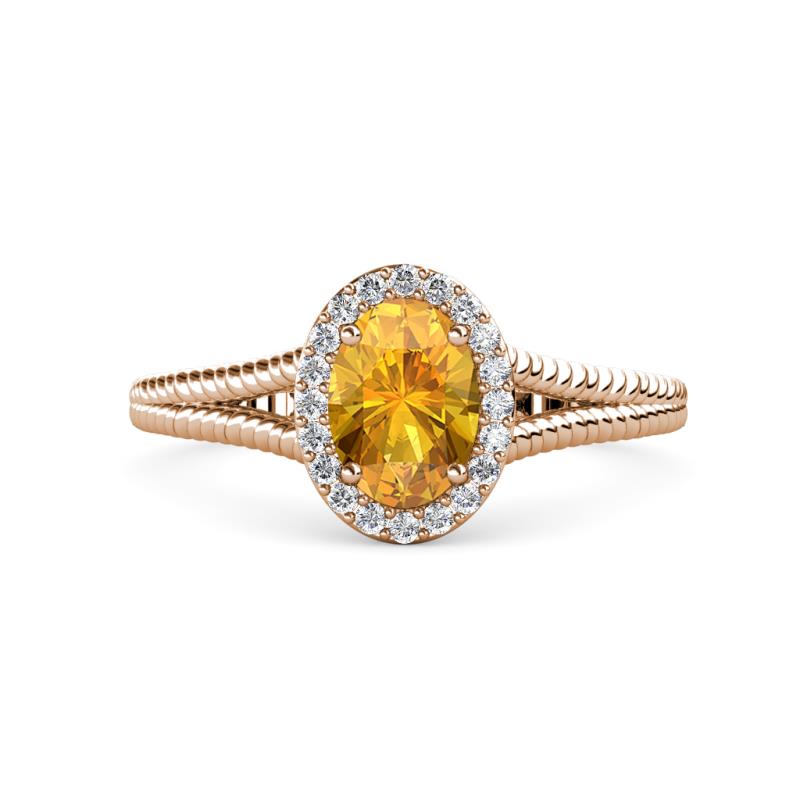 Deborah Desire Oval Cut Citrine and Round Diamond Twist Rope Split Shank Halo Engagement Ring 