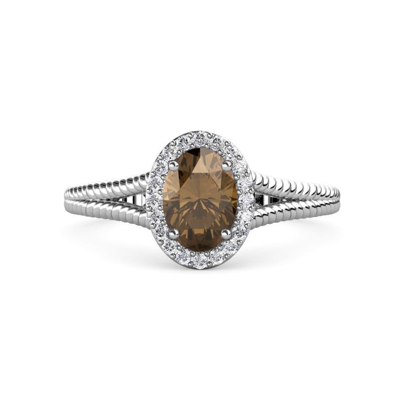 Deborah Desire Oval Cut Smoky Quartz and Round Diamond Twist Rope Split Shank Halo Engagement Ring 
