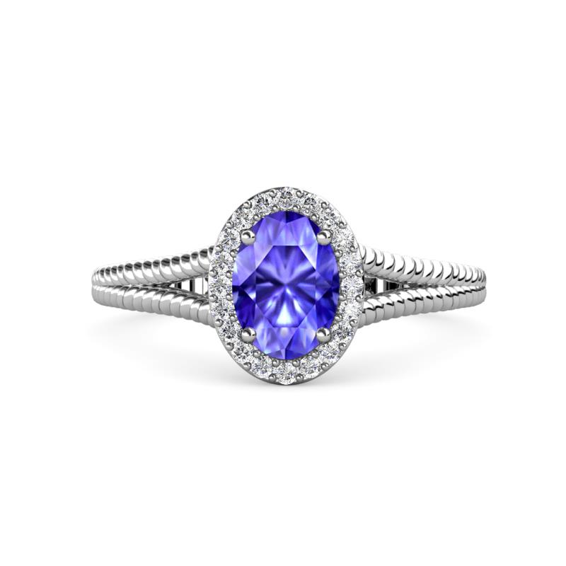 Deborah Desire Oval Cut Tanzanite and Round Diamond Twist Rope Split Shank Halo Engagement Ring 