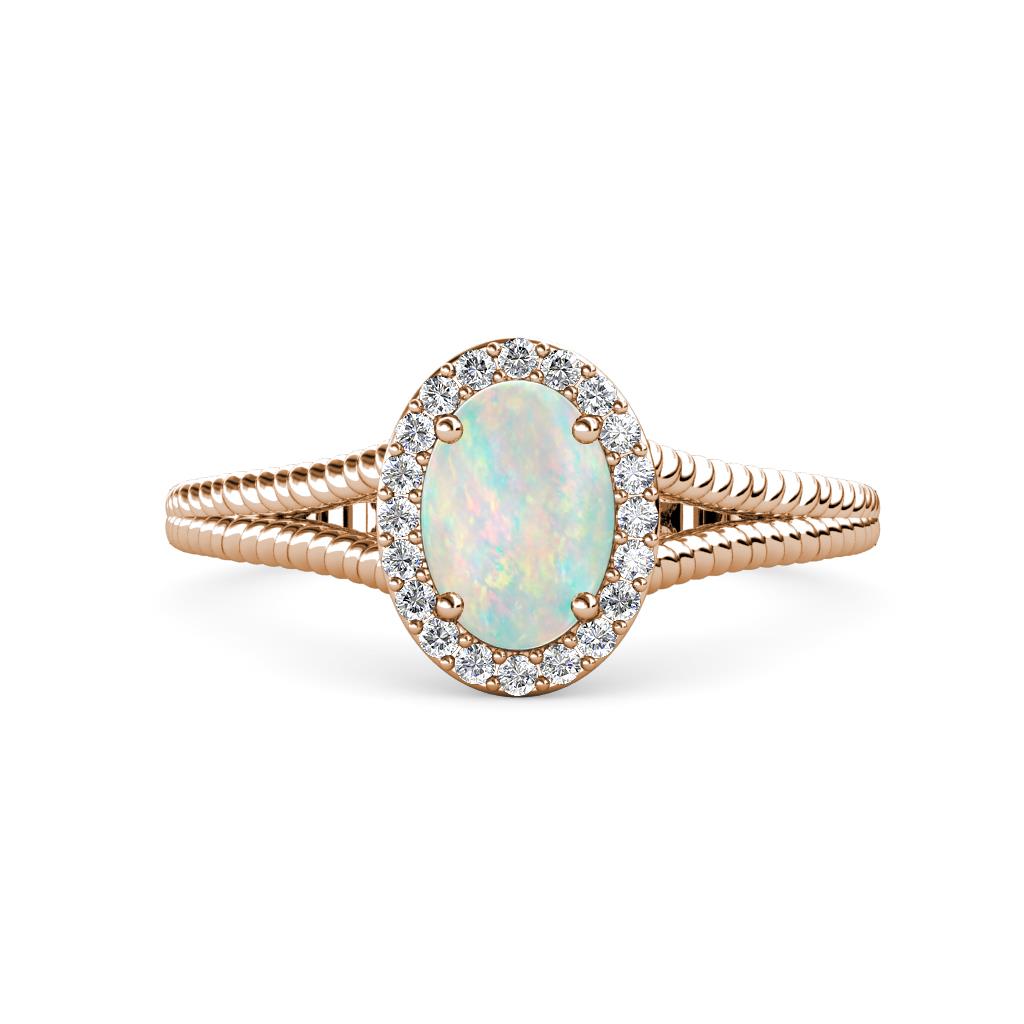 Deborah Desire Oval Cut Opal and Round Diamond Twist Rope Split Shank Halo Engagement Ring 