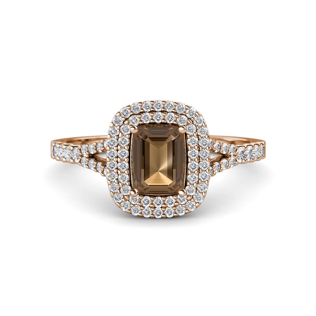 Ines Rainbow Emerald Cut Smoky Quartz and Round Diamond Double Halo Engagement Ring 