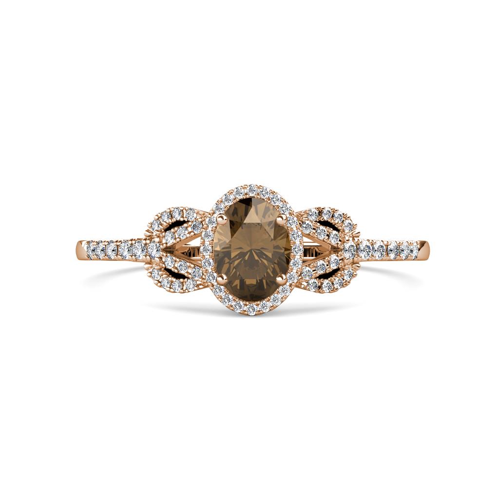 Jennifer Rainbow Oval Cut Smoky Quartz and Round Diamond Love Knot Halo Engagement Ring 