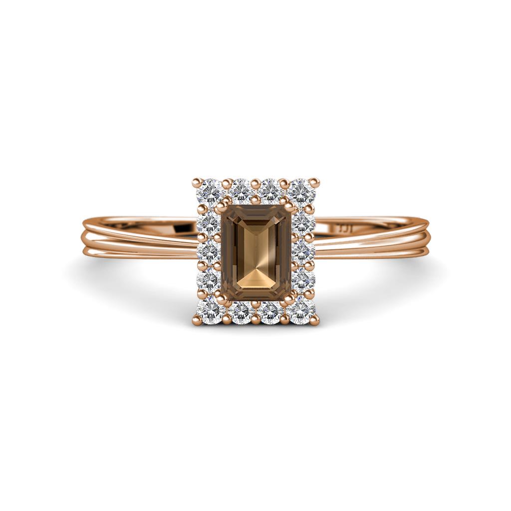 Margaret Rainbow Emerald Cut Smoky Quartz and Round Diamond Tapered Ridged Shank Halo Engagement Ring 