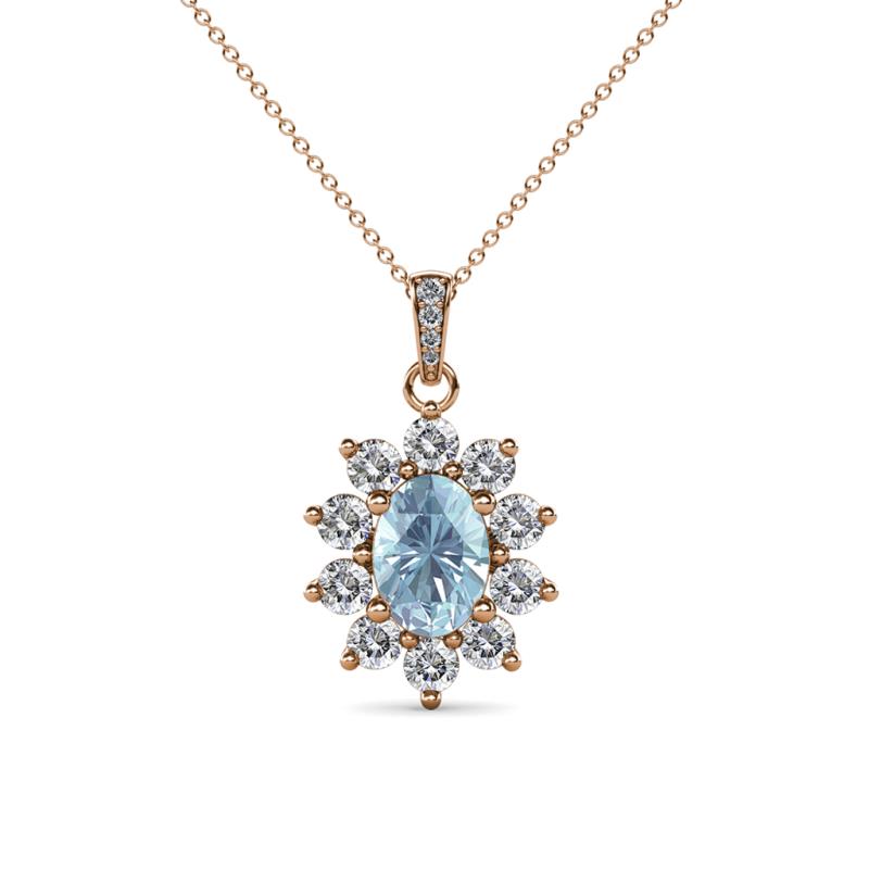 Raizel (7 x 5 mm) Aquamarine and Diamond Floral Halo Pendant 