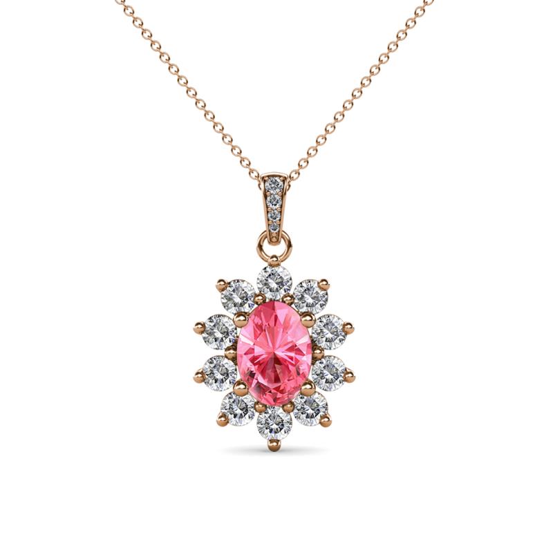 Raizel (7 x 5 mm) Pink Tourmaline and Diamond Floral Halo Pendant 