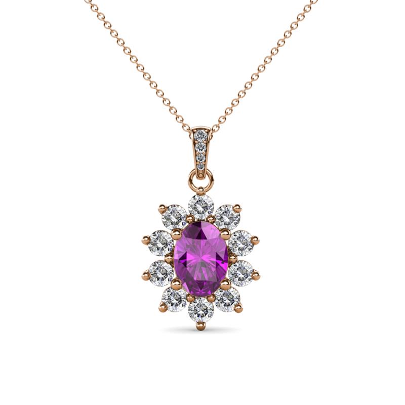 Raizel (7 x 5 mm) Amethyst and Diamond Floral Halo Pendant 
