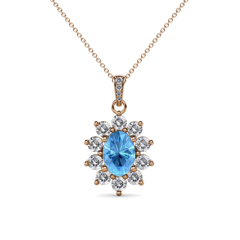 Raizel (7 x 5 mm) Blue Topaz and Diamond Floral Halo Pendant 