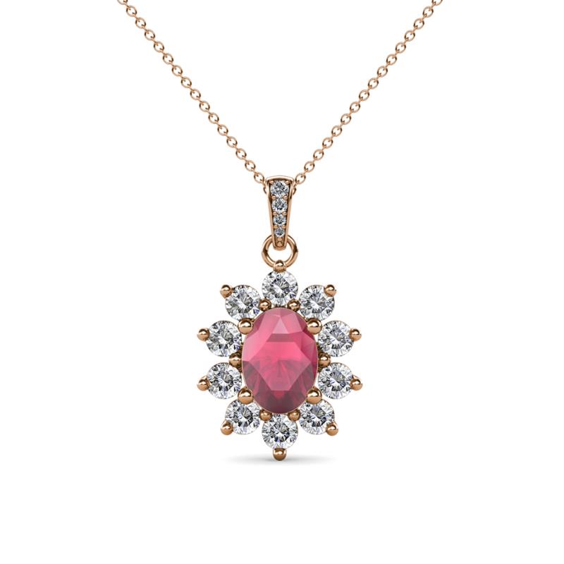 Raizel (7 x 5 mm) Rhodolite Garnet and Diamond Floral Halo Pendant 