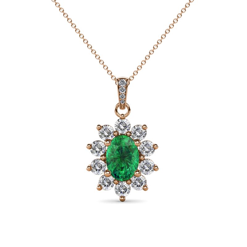 Raizel (7 x 5 mm) Emerald and Diamond Floral Halo Pendant 
