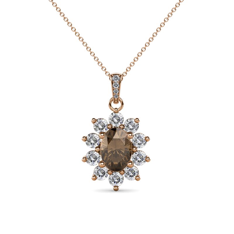 Raizel (7 x 5 mm) Smoky Quartz and Diamond Floral Halo Pendant 