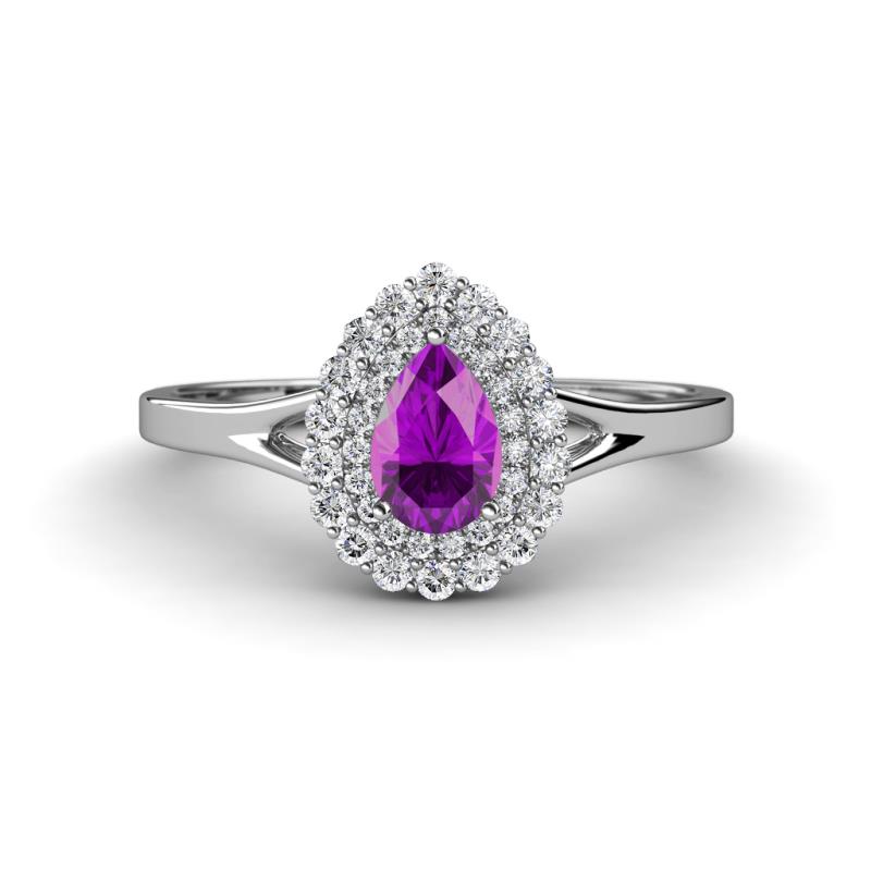 Kristen Rainbow Pear Cut Amethyst and Round Diamond Halo Engagement Ring 