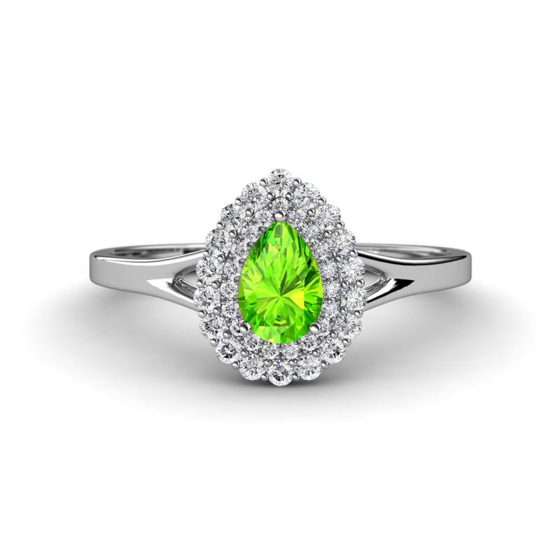 Kristen Rainbow Pear Cut Peridot and Round Diamond Halo Engagement Ring 