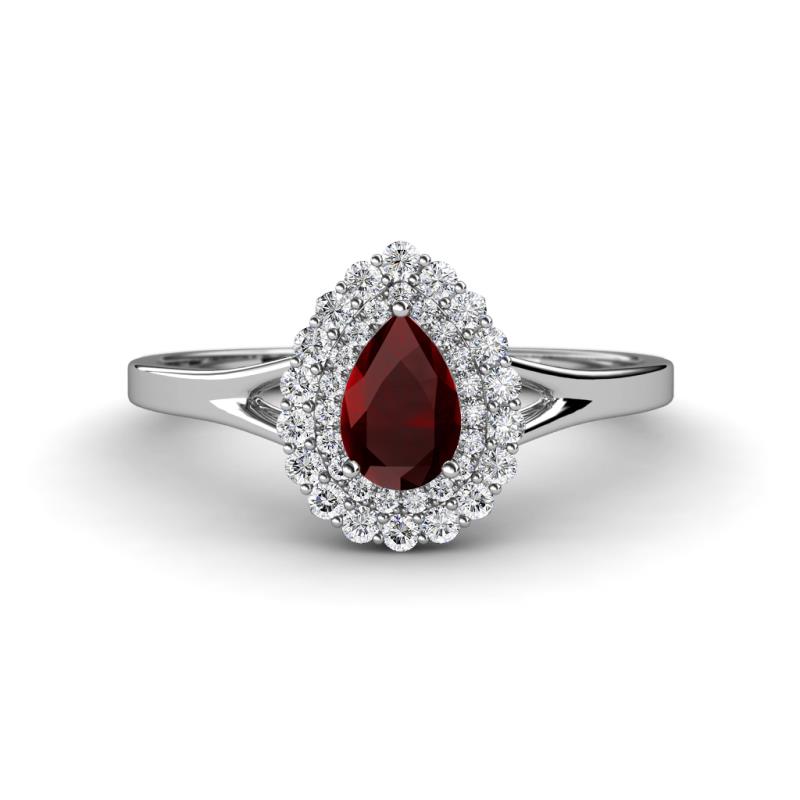 Kristen Rainbow Pear Cut Red Garnet and Round Diamond Halo Engagement Ring 