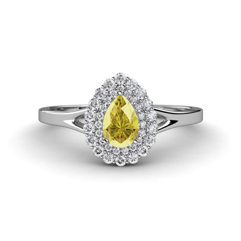 Kristen Rainbow Pear Cut Yellow Sapphire and Round Diamond Halo Engagement Ring 