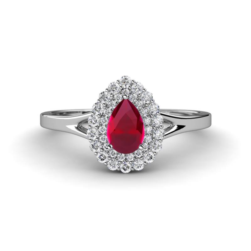 Kristen Rainbow Pear Cut Ruby and Round Diamond Halo Engagement Ring 