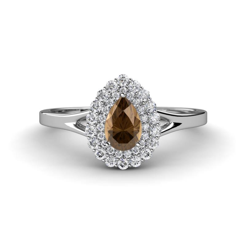 Kristen Rainbow Pear Cut Smoky Quartz and Round Diamond Halo Engagement Ring 
