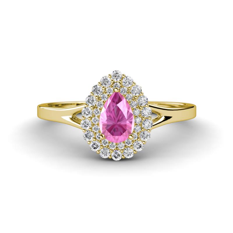 Kristen Rainbow Pear Cut Pink Sapphire and Round Diamond Halo Engagement Ring 
