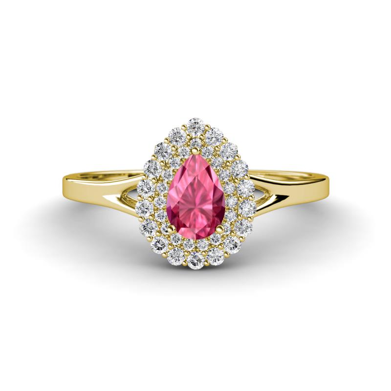 Kristen Rainbow Pear Cut Pink Tourmaline and Round Diamond Halo Engagement Ring 
