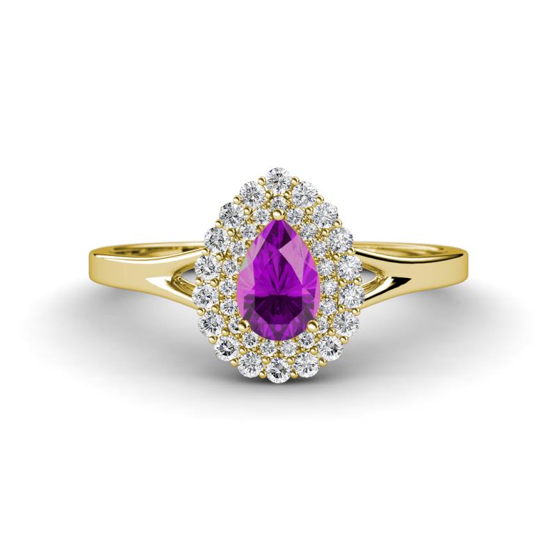 Kristen Rainbow Pear Cut Amethyst and Round Diamond Halo Engagement Ring 