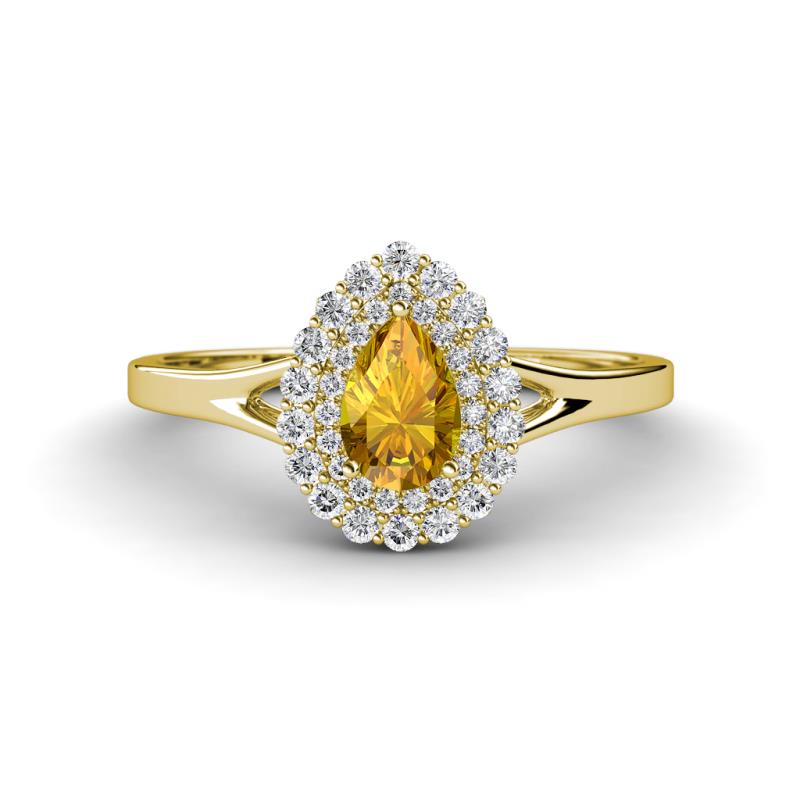 Kristen Rainbow Pear Cut Citrine and Round Diamond Halo Engagement Ring 