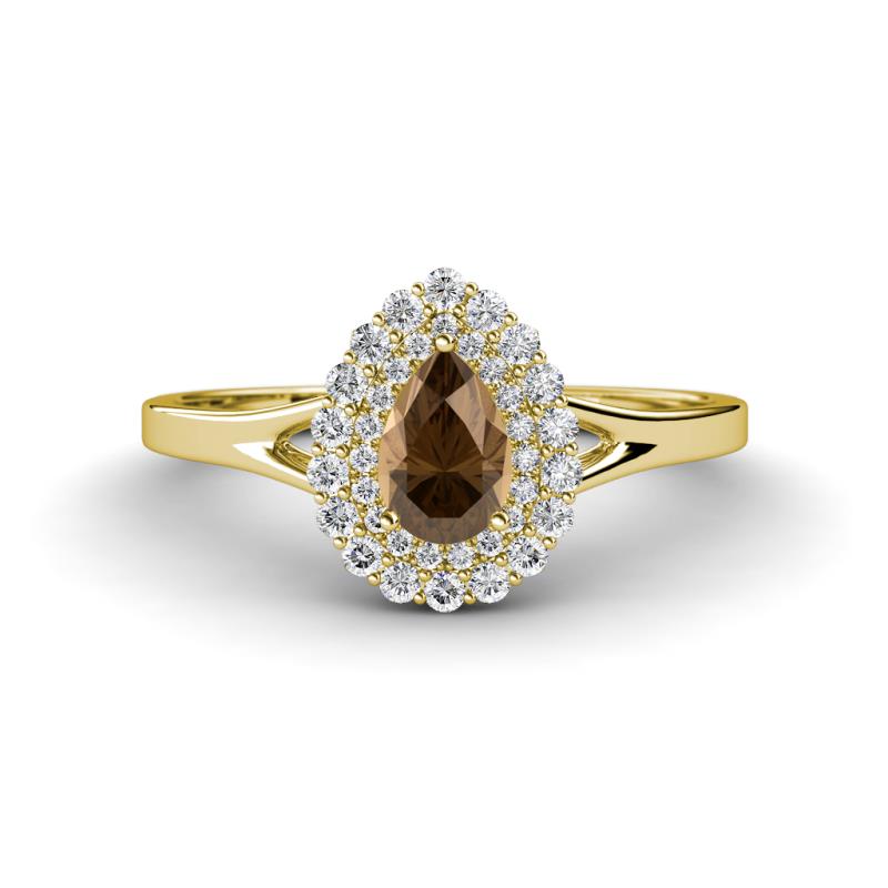 Kristen Rainbow Pear Cut Smoky Quartz and Round Diamond Halo Engagement Ring 