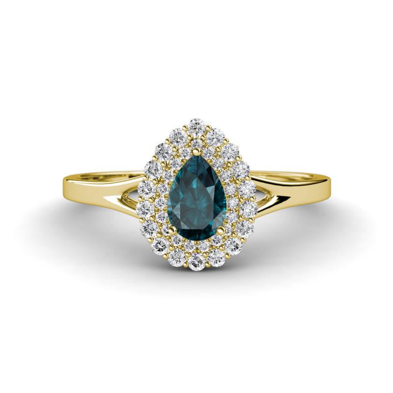 Kristen Rainbow Pear Cut London Blue Topaz and Round Diamond Halo Engagement Ring 