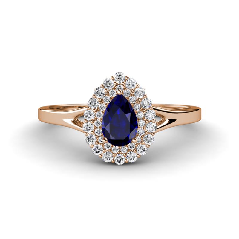 Kristen Rainbow Pear Cut Blue Sapphire and Round Diamond Halo Engagement Ring 
