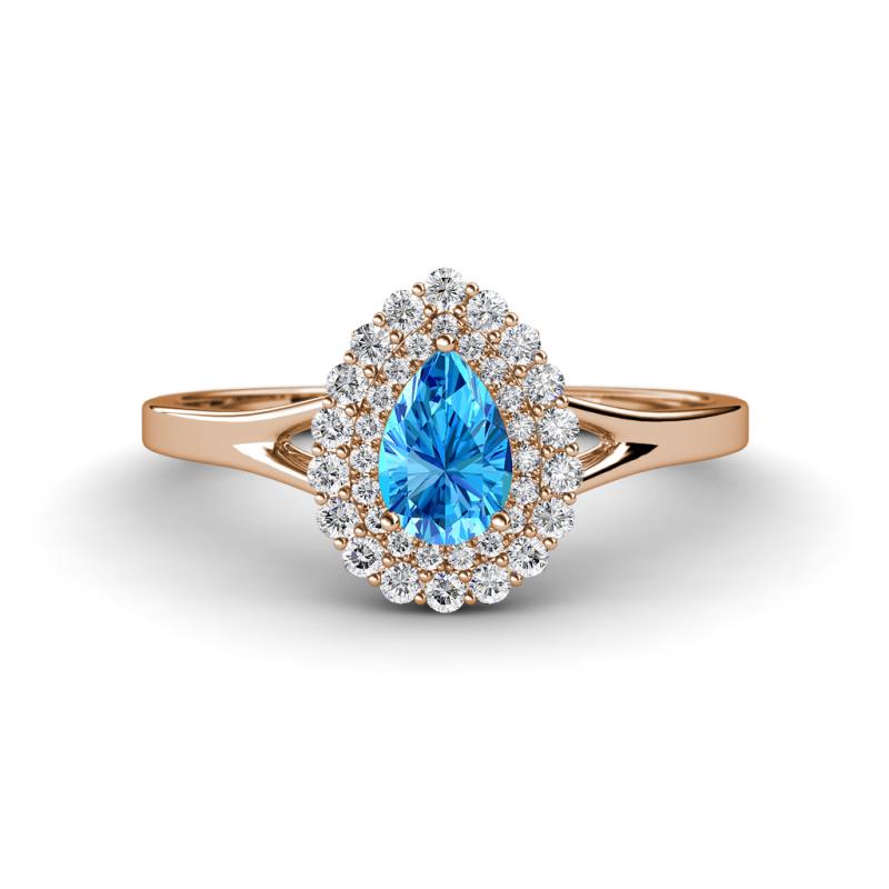 Kristen Rainbow Pear Cut Blue Topaz and Round Diamond Halo Engagement Ring 