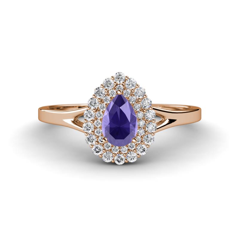 Kristen Rainbow Pear Cut Iolite and Round Diamond Halo Engagement Ring 