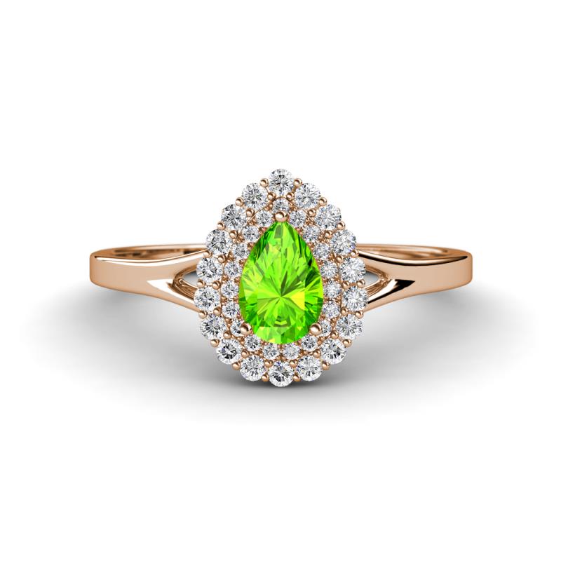 Kristen Rainbow Pear Cut Peridot and Round Diamond Halo Engagement Ring 