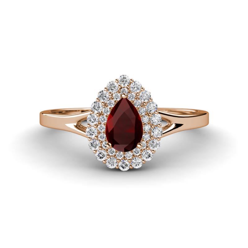 Kristen Rainbow Pear Cut Red Garnet and Round Diamond Halo Engagement Ring 