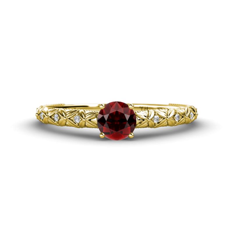 Daisy Classic Round Red Garnet and Diamond Floral Engraved Engagement Ring 