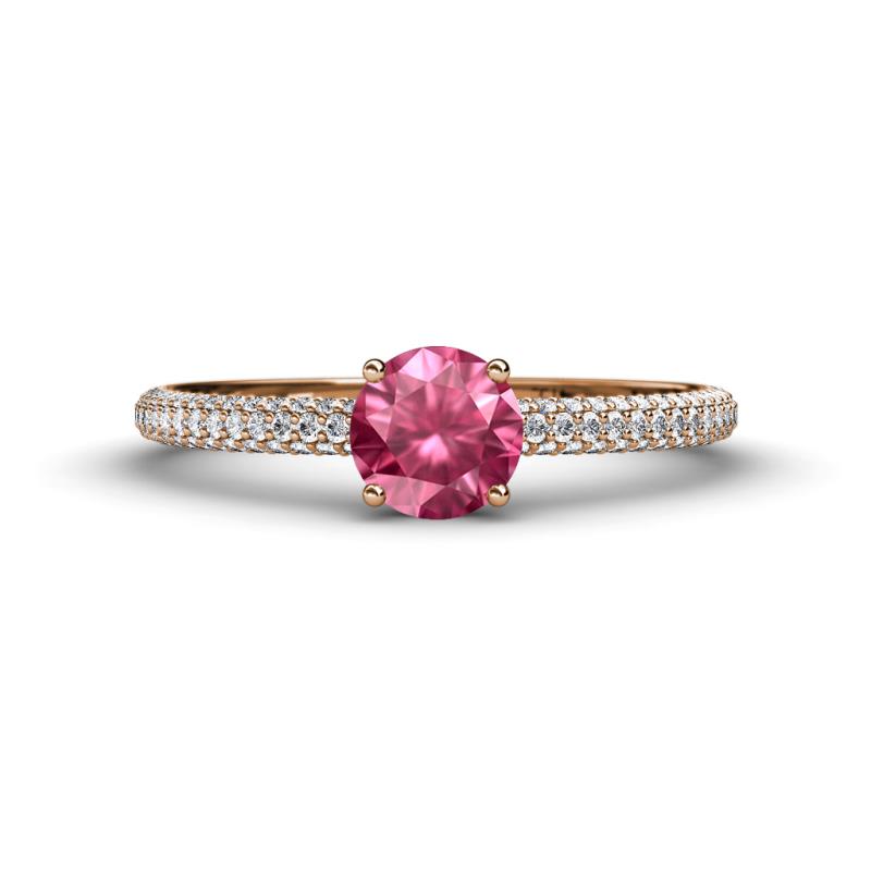 Serina Classic Round Pink Tourmaline and Diamond 3 Row Micro Pave Shank Engagement Ring 