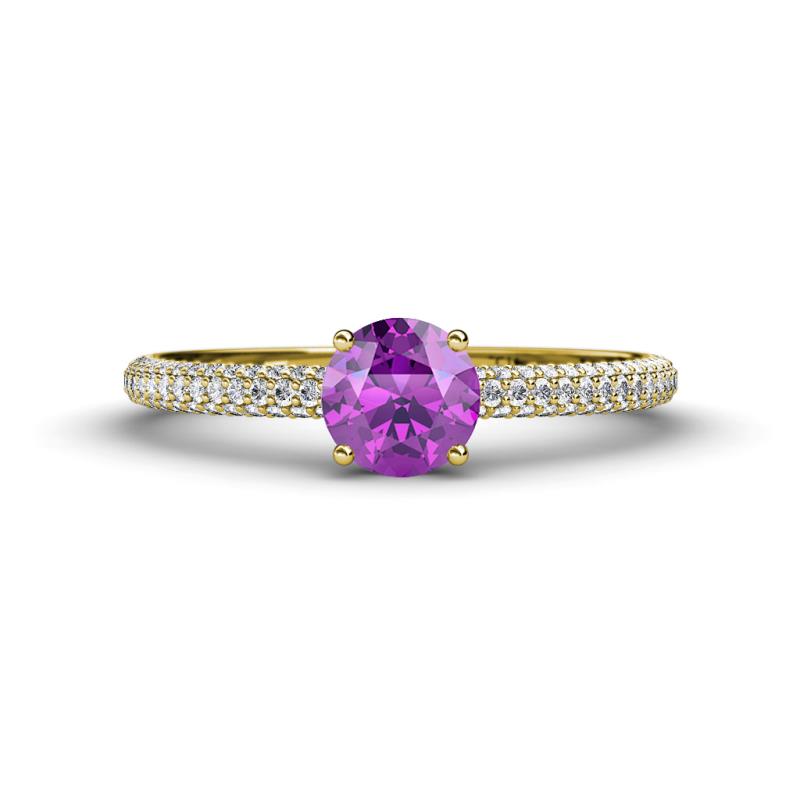 Serina Classic Round Amethyst and Diamond 3 Row Micro Pave Shank Engagement Ring 