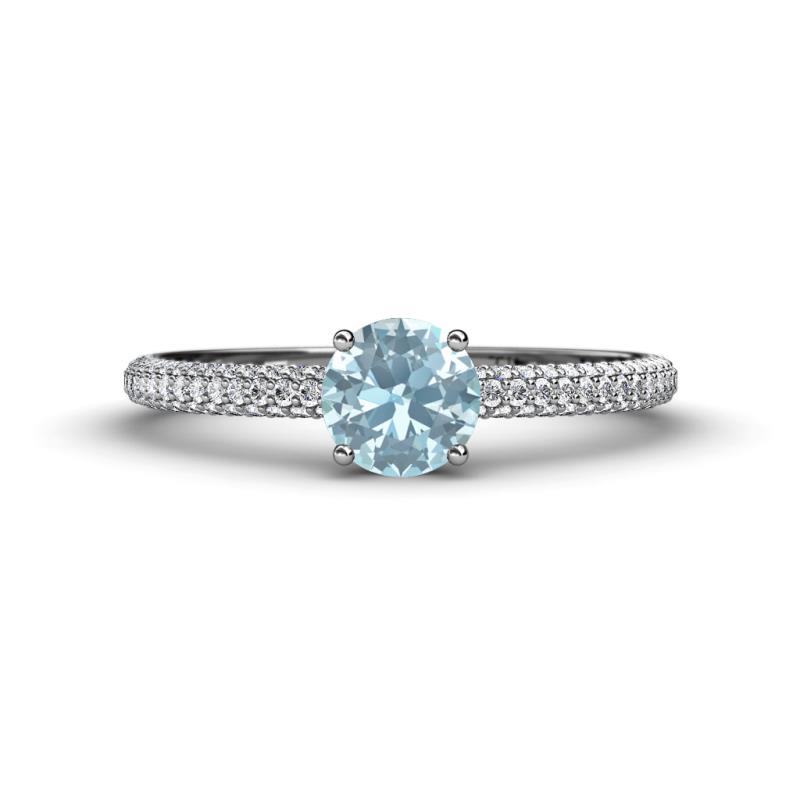 Serina Classic Round Aquamarine and Diamond 3 Row Micro Pave Shank Engagement Ring 