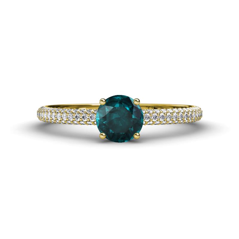 Serina Classic Round London Blue Topaz and Diamond 3 Row Micro Pave Shank Engagement Ring 